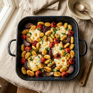 Crispy gnocchi traybake with cherry tomatoes and mozzarella