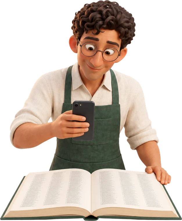 Mise reading the index of an open cookbook